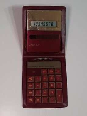 Vintage Unisonic Solar Wallet Calculator Red Folding Case Works Taiwan